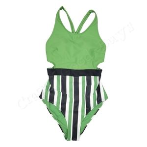CUPSHE One Piece Swimsuit, Green/White/Black Stripes, Criss Cross Back, 12